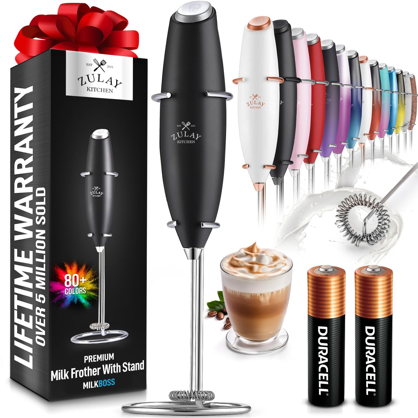 Zulay Pro Milk Frother Wand with Batteries - Quick Handheld Drink Mixer - Electric Foam Maker for Coffee and More - Black